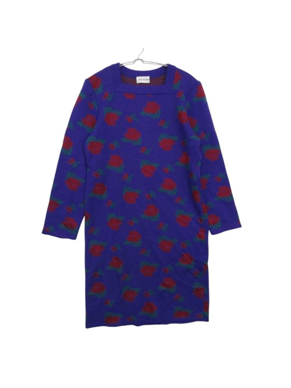 Saint Laurent Dress Square Neck Knit Flower Print Long Sleeve Knee-Length Purple